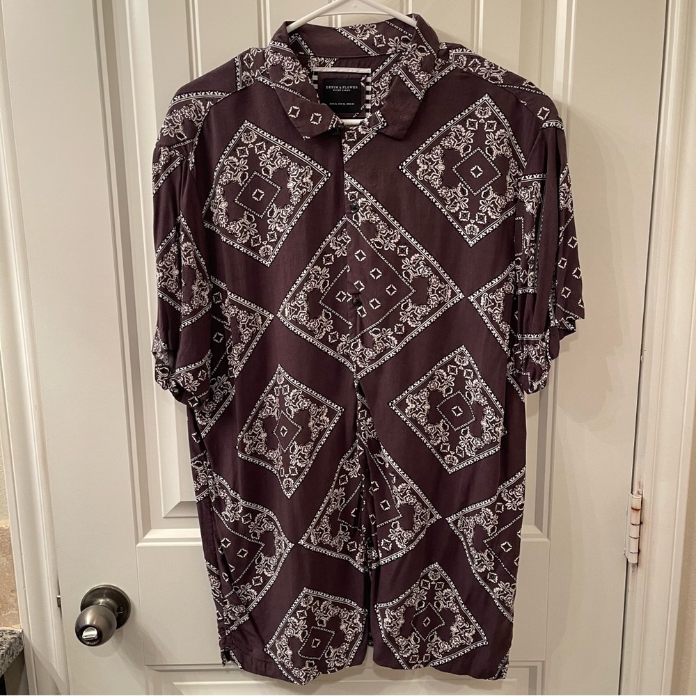 Denim & Flower Ricky Singh Mens XL Brown Button Down Shirt Western Handkerchief